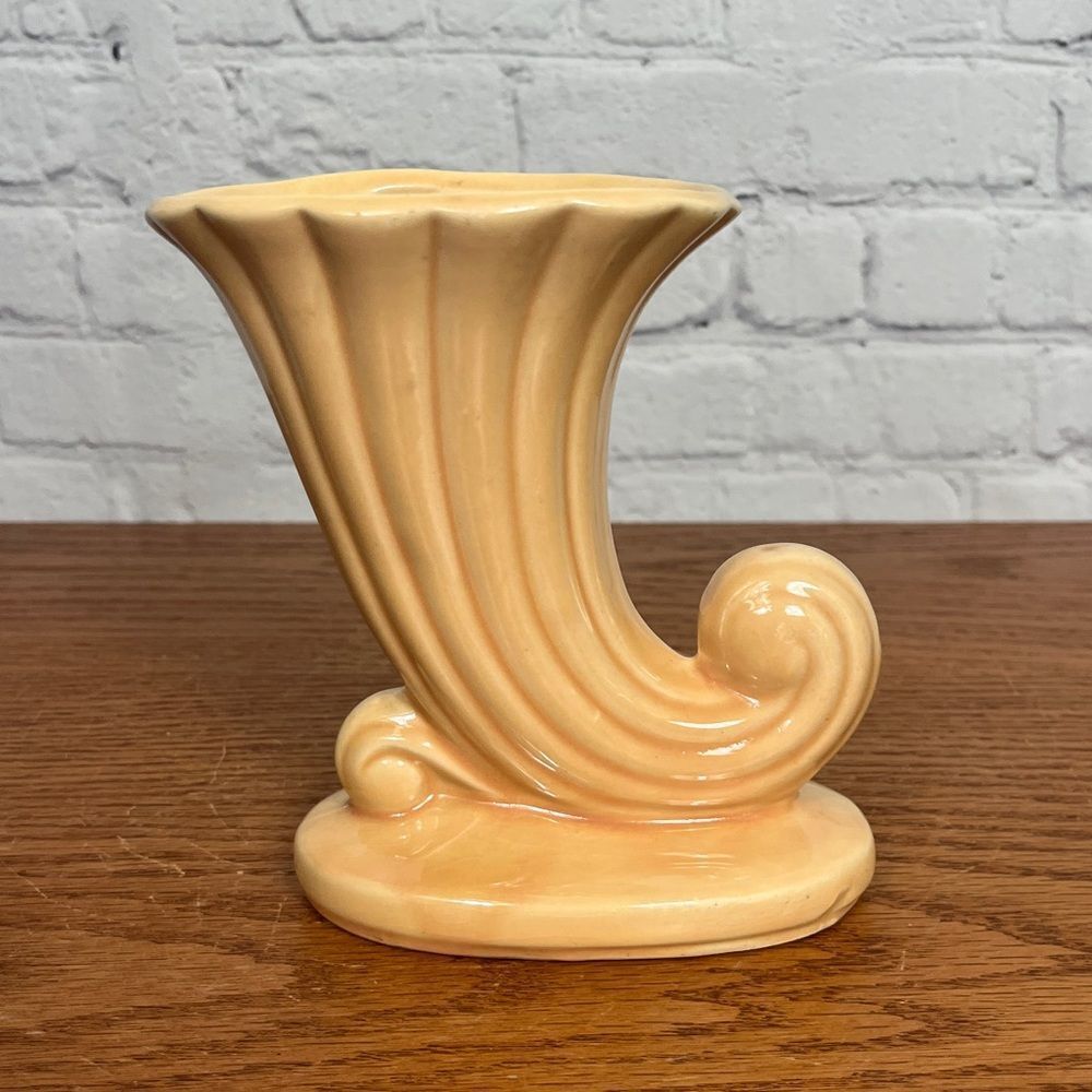 USA Pottery Cornucopia Vase in Custard Yellow Mid Century